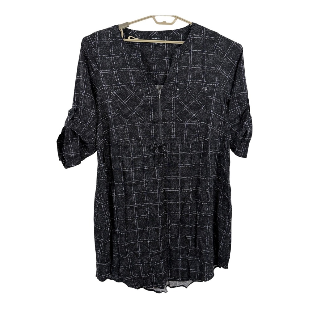 Torrid Mini Challis Zip Front Shirt Dress Size 2 (US 18/20/2X) Plaid Academia